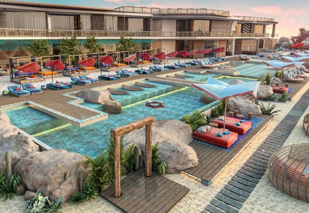 The beach club at Sindalah Island, NEOM